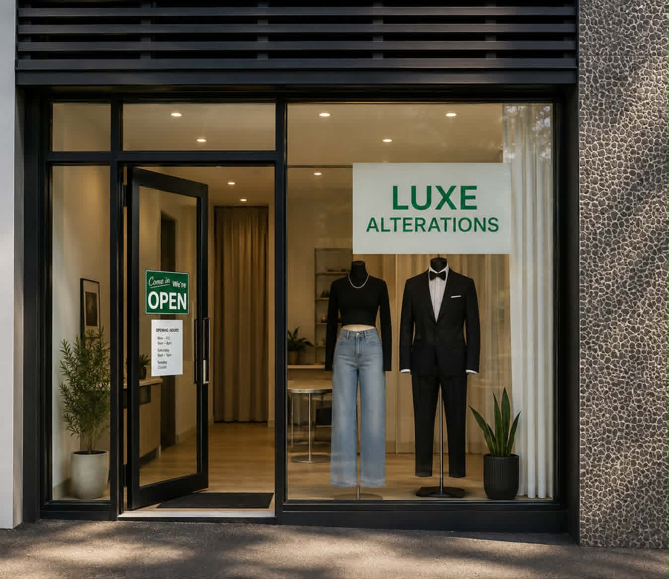 The Luxe Alterations shopfront at 109 Errol Street, North Melbourne, with dressed mannequins in the window